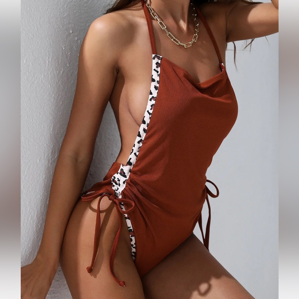 NWOT ZAFUL Ribbed Leopard Binding Cinched One-piece Swimsuit - Coffee M